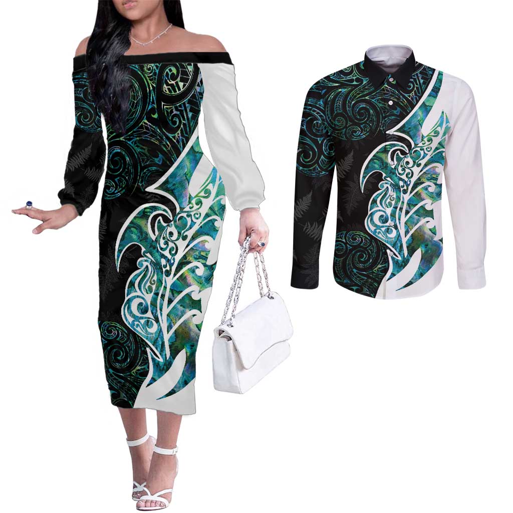 Proud Aotearoa Couples Matching Off The Shoulder Long Sleeve Dress and Long Sleeve Button Shirt Maori Silver Fern Mix Paua Shell Pattern LT14 Black - Polynesian Pride