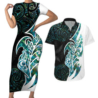 Proud Aotearoa Couples Matching Short Sleeve Bodycon Dress and Hawaiian Shirt Maori Silver Fern Mix Paua Shell Pattern LT14 Black - Polynesian Pride