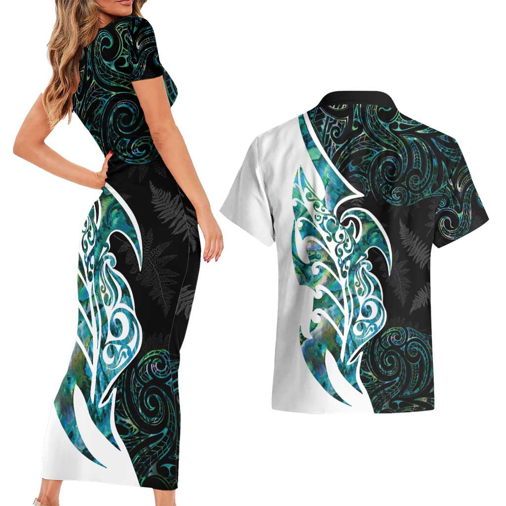 Proud Aotearoa Couples Matching Short Sleeve Bodycon Dress and Hawaiian Shirt Maori Silver Fern Mix Paua Shell Pattern LT14 - Polynesian Pride