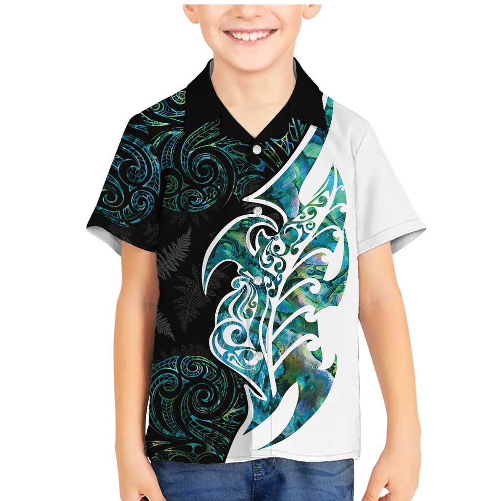 Proud Aotearoa Family Matching Mermaid Dress and Hawaiian Shirt Maori Silver Fern Mix Paua Shell Pattern LT14 Son's Shirt Black - Polynesian Pride