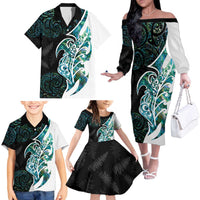 Proud Aotearoa Family Matching Off The Shoulder Long Sleeve Dress and Hawaiian Shirt Maori Silver Fern Mix Paua Shell Pattern LT14 - Polynesian Pride