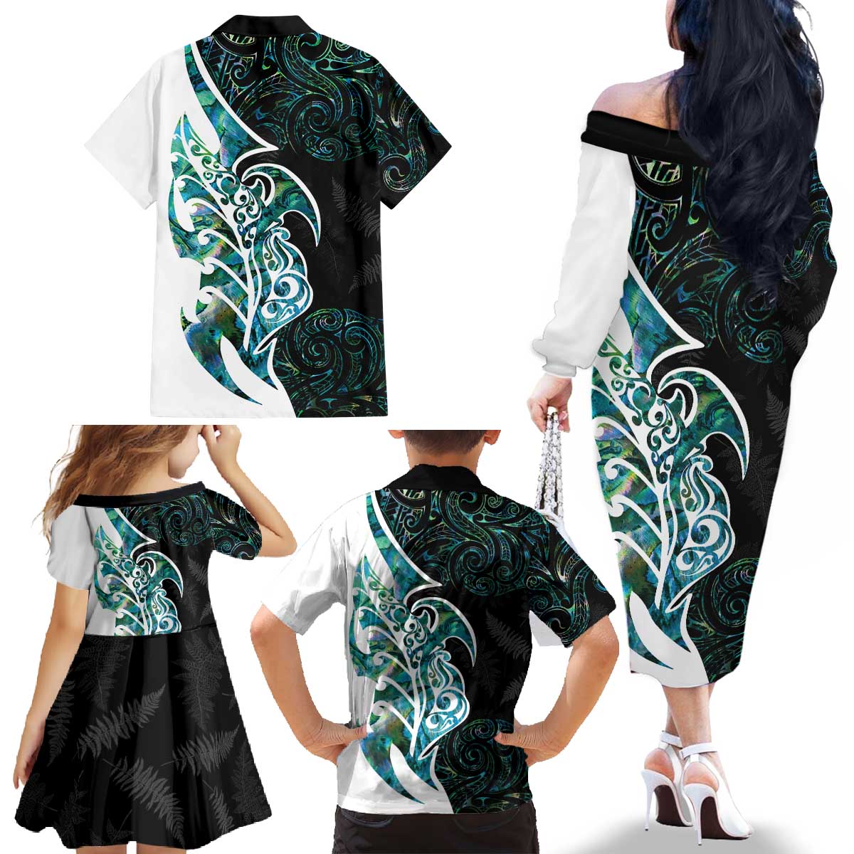Proud Aotearoa Family Matching Off The Shoulder Long Sleeve Dress and Hawaiian Shirt Maori Silver Fern Mix Paua Shell Pattern LT14 - Polynesian Pride