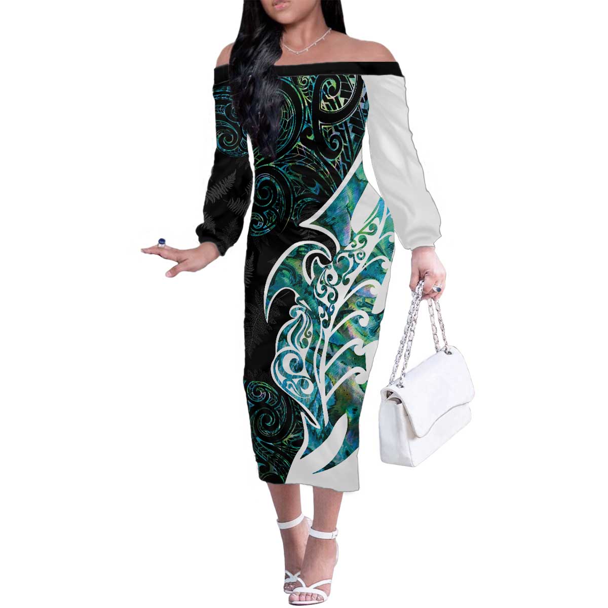 Proud Aotearoa Family Matching Off The Shoulder Long Sleeve Dress and Hawaiian Shirt Maori Silver Fern Mix Paua Shell Pattern LT14 Mom's Dress Black - Polynesian Pride