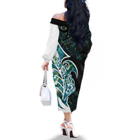 Proud Aotearoa Family Matching Off The Shoulder Long Sleeve Dress and Hawaiian Shirt Maori Silver Fern Mix Paua Shell Pattern LT14 - Polynesian Pride