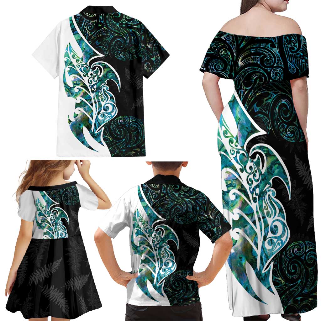 Proud Aotearoa Family Matching Off Shoulder Maxi Dress and Hawaiian Shirt Maori Silver Fern Mix Paua Shell Pattern LT14 - Polynesian Pride
