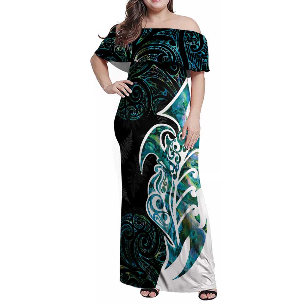 Proud Aotearoa Family Matching Off Shoulder Maxi Dress and Hawaiian Shirt Maori Silver Fern Mix Paua Shell Pattern LT14 Mom's Dress Black - Polynesian Pride