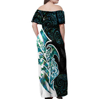 Proud Aotearoa Family Matching Off Shoulder Maxi Dress and Hawaiian Shirt Maori Silver Fern Mix Paua Shell Pattern LT14 - Polynesian Pride