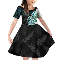 Proud Aotearoa Family Matching Off Shoulder Short Dress and Hawaiian Shirt Maori Silver Fern Mix Paua Shell Pattern LT14 Daughter's Dress Black - Polynesian Pride