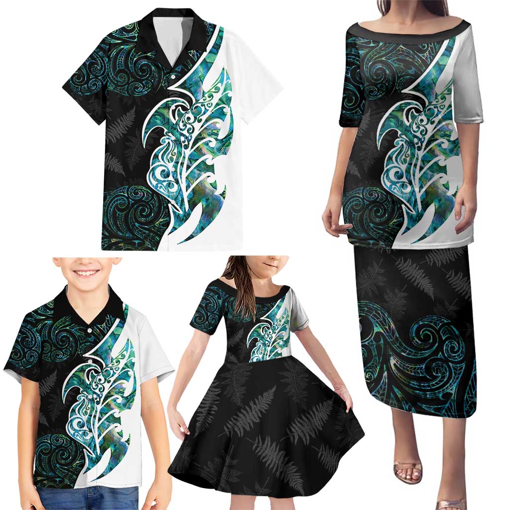 Proud Aotearoa Family Matching Puletasi and Hawaiian Shirt Maori Silver Fern Mix Paua Shell Pattern LT14 - Polynesian Pride