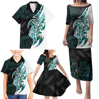 Proud Aotearoa Family Matching Puletasi and Hawaiian Shirt Maori Silver Fern Mix Paua Shell Pattern LT14 - Polynesian Pride