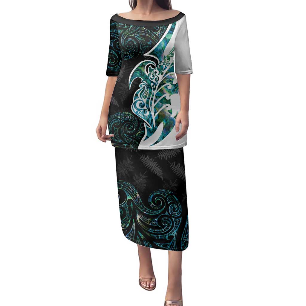 Proud Aotearoa Family Matching Puletasi and Hawaiian Shirt Maori Silver Fern Mix Paua Shell Pattern LT14 Mom's Dress Black - Polynesian Pride
