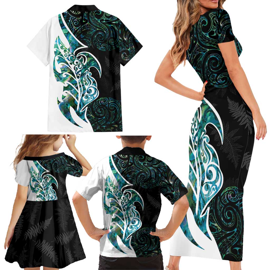 Proud Aotearoa Family Matching Short Sleeve Bodycon Dress and Hawaiian Shirt Maori Silver Fern Mix Paua Shell Pattern LT14 - Polynesian Pride