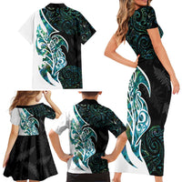 Proud Aotearoa Family Matching Short Sleeve Bodycon Dress and Hawaiian Shirt Maori Silver Fern Mix Paua Shell Pattern LT14 - Polynesian Pride