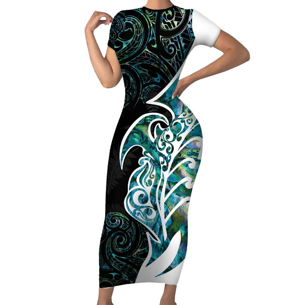 Proud Aotearoa Family Matching Short Sleeve Bodycon Dress and Hawaiian Shirt Maori Silver Fern Mix Paua Shell Pattern LT14 Mom's Dress Black - Polynesian Pride