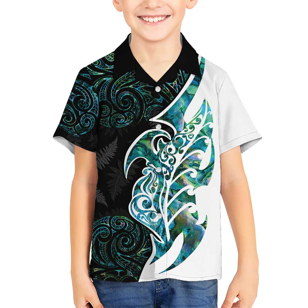 Proud Aotearoa Family Matching Short Sleeve Bodycon Dress and Hawaiian Shirt Maori Silver Fern Mix Paua Shell Pattern LT14 Son's Shirt Black - Polynesian Pride