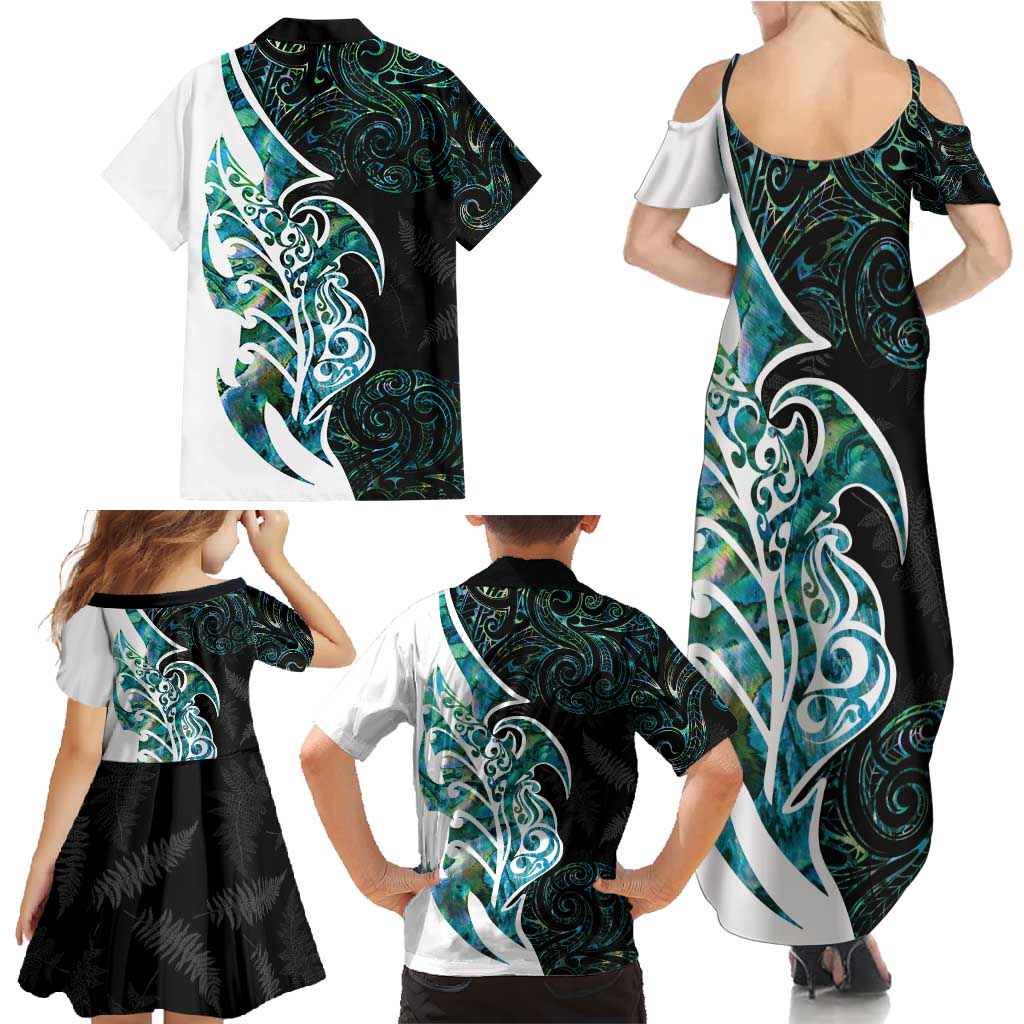 Proud Aotearoa Family Matching Summer Maxi Dress and Hawaiian Shirt Maori Silver Fern Mix Paua Shell Pattern LT14 - Polynesian Pride