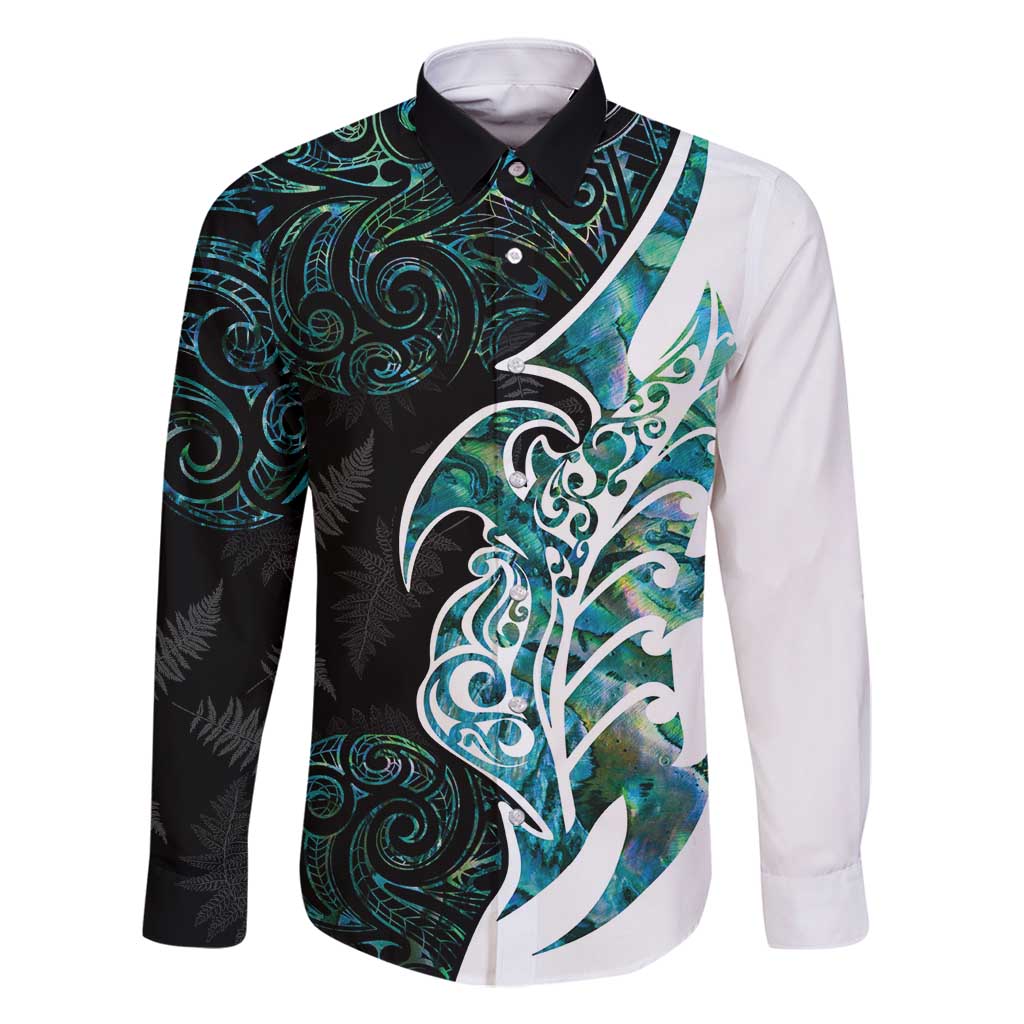 Proud Aotearoa Family Matching Summer Maxi Dress and Hawaiian Shirt Maori Silver Fern Mix Paua Shell Pattern LT14 Dad's Shirt - Long Sleeve Black - Polynesian Pride