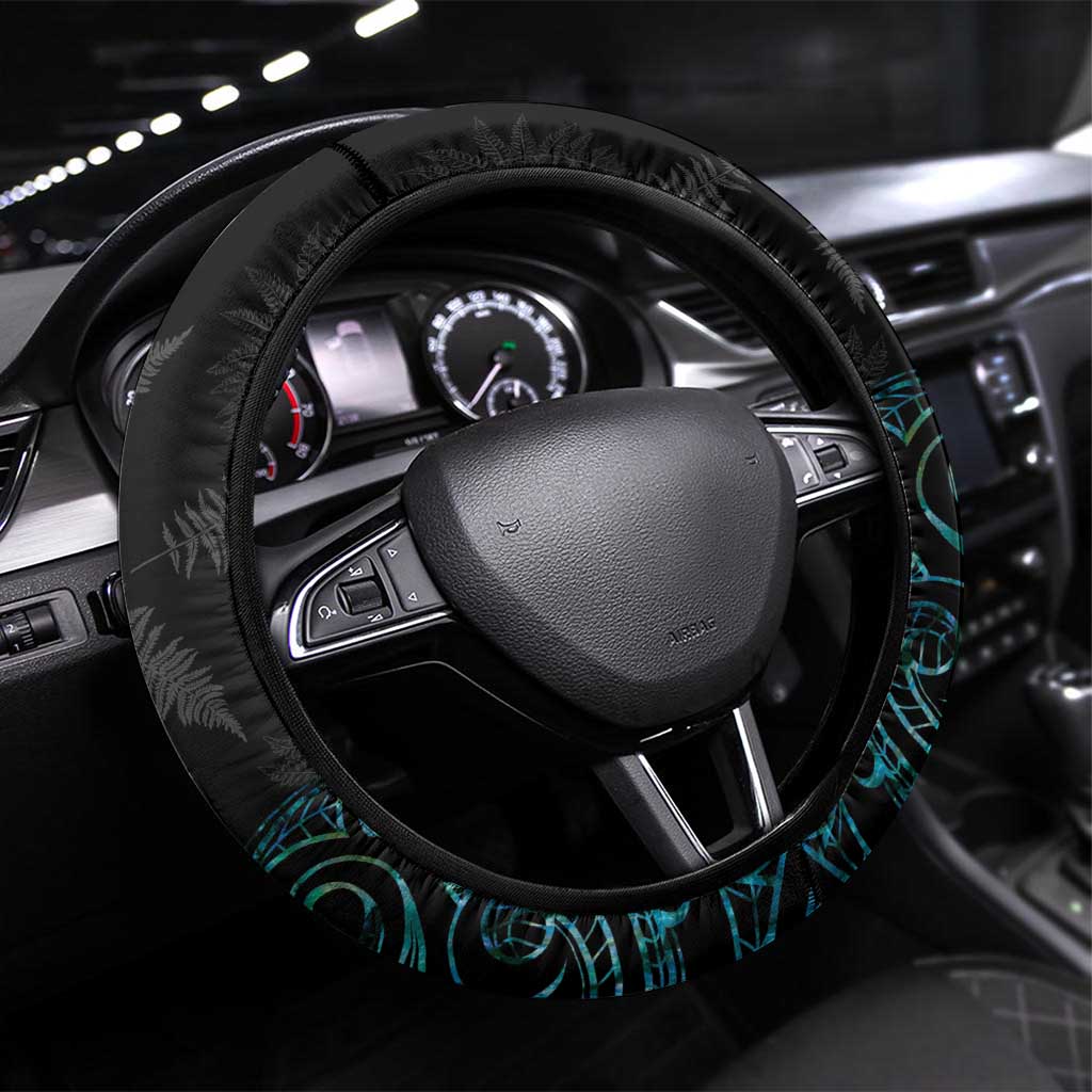 Proud Aotearoa Steering Wheel Cover Maori Silver Fern Mix Paua Shell Pattern LT14 Universal Fit Black - Polynesian Pride