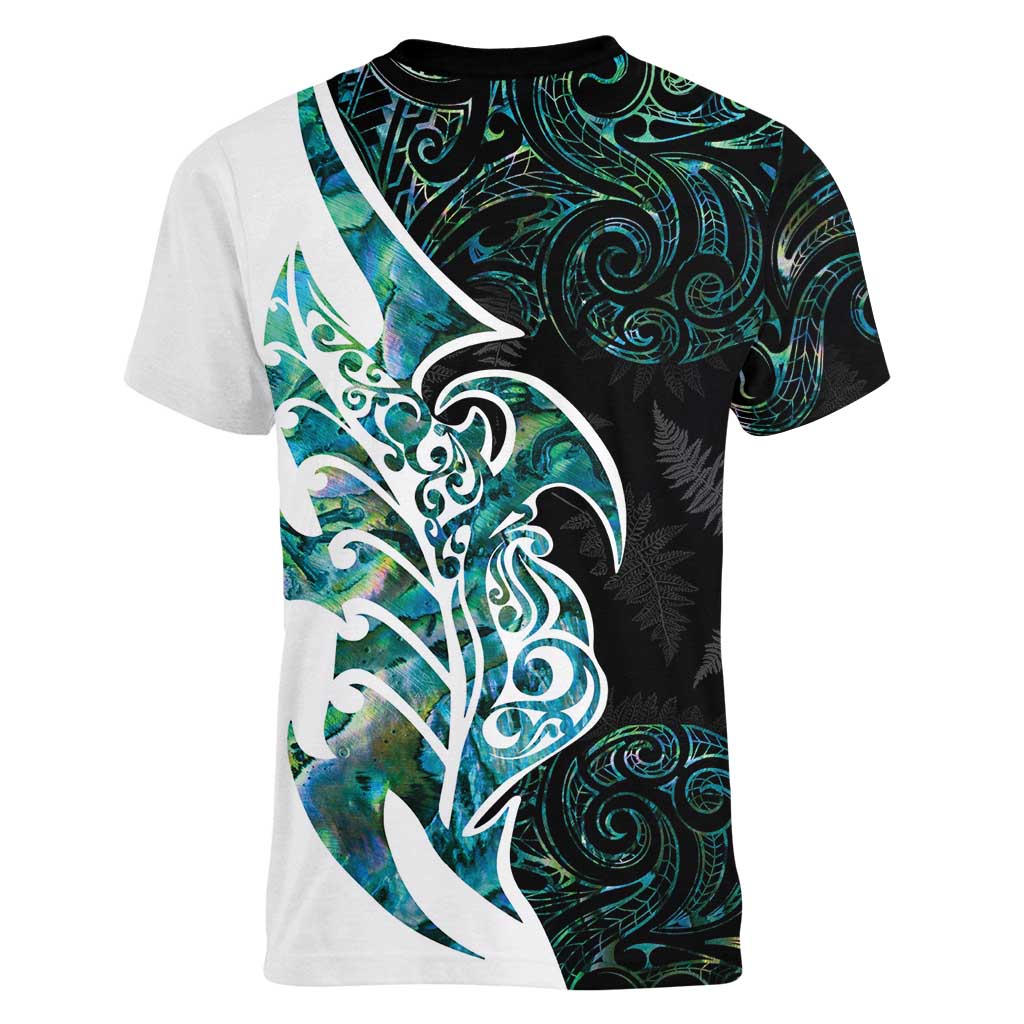 Proud Aotearoa Women V-Neck T-Shirt Maori Silver Fern Mix Paua Shell Pattern LT14 - Polynesian Pride