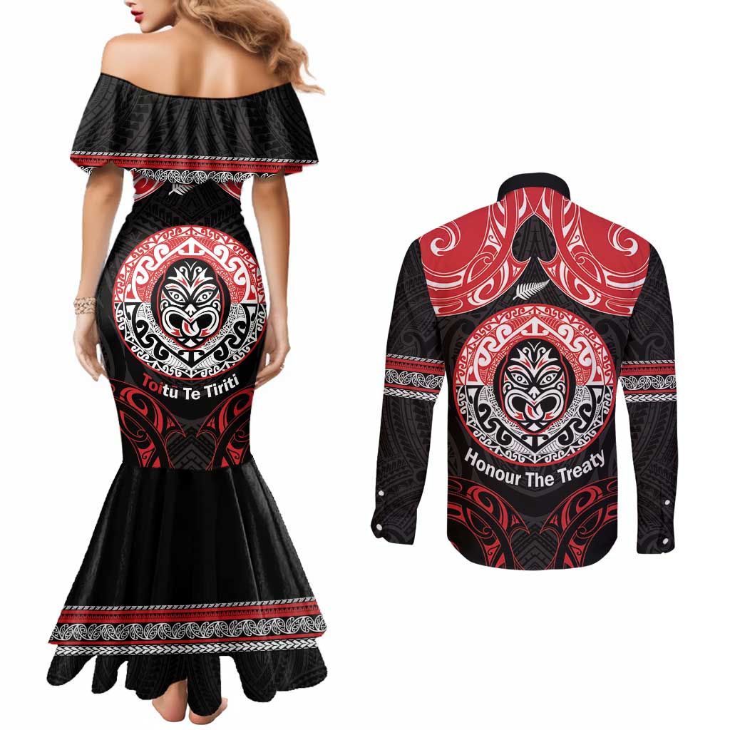 Aotearoa Toitu Te Tiriti Couples Matching Mermaid Dress and Long Sleeve Button Shirt Haka Tiki Honour The Treaty LT14 - Polynesian Pride