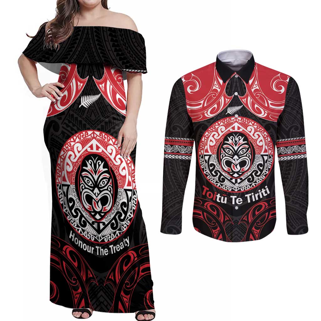 Aotearoa Toitu Te Tiriti Couples Matching Off Shoulder Maxi Dress and Long Sleeve Button Shirt Haka Tiki Honour The Treaty LT14 Black - Polynesian Pride