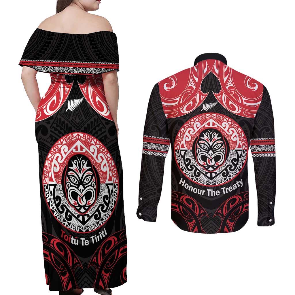 Aotearoa Toitu Te Tiriti Couples Matching Off Shoulder Maxi Dress and Long Sleeve Button Shirt Haka Tiki Honour The Treaty LT14 - Polynesian Pride