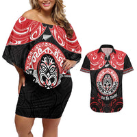 Aotearoa Toitu Te Tiriti Couples Matching Off Shoulder Short Dress and Hawaiian Shirt Haka Tiki Honour The Treaty LT14 Black - Polynesian Pride