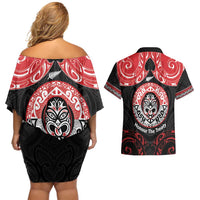 Aotearoa Toitu Te Tiriti Couples Matching Off Shoulder Short Dress and Hawaiian Shirt Haka Tiki Honour The Treaty LT14 - Polynesian Pride
