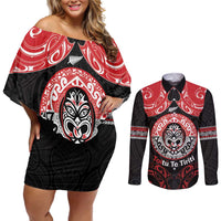Aotearoa Toitu Te Tiriti Couples Matching Off Shoulder Short Dress and Long Sleeve Button Shirt Haka Tiki Honour The Treaty LT14 Black - Polynesian Pride