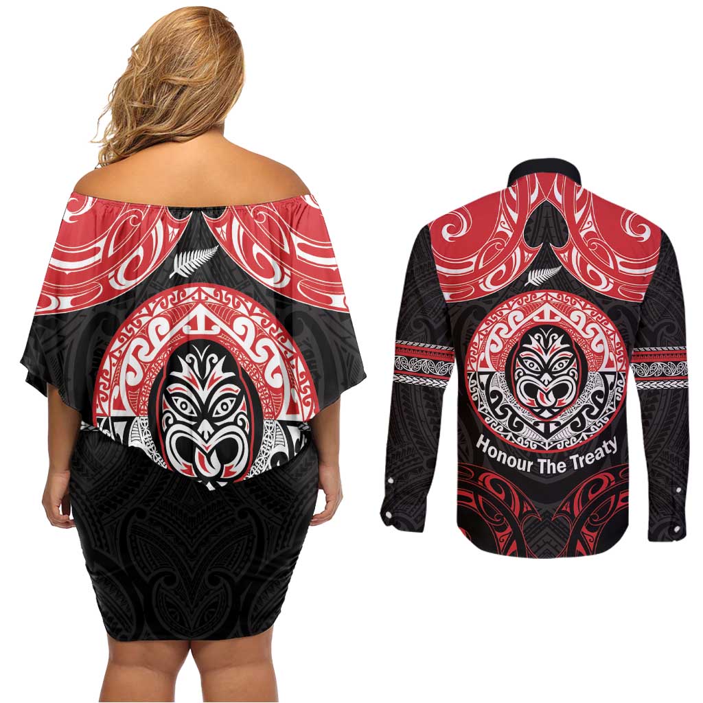 Aotearoa Toitu Te Tiriti Couples Matching Off Shoulder Short Dress and Long Sleeve Button Shirt Haka Tiki Honour The Treaty LT14 - Polynesian Pride