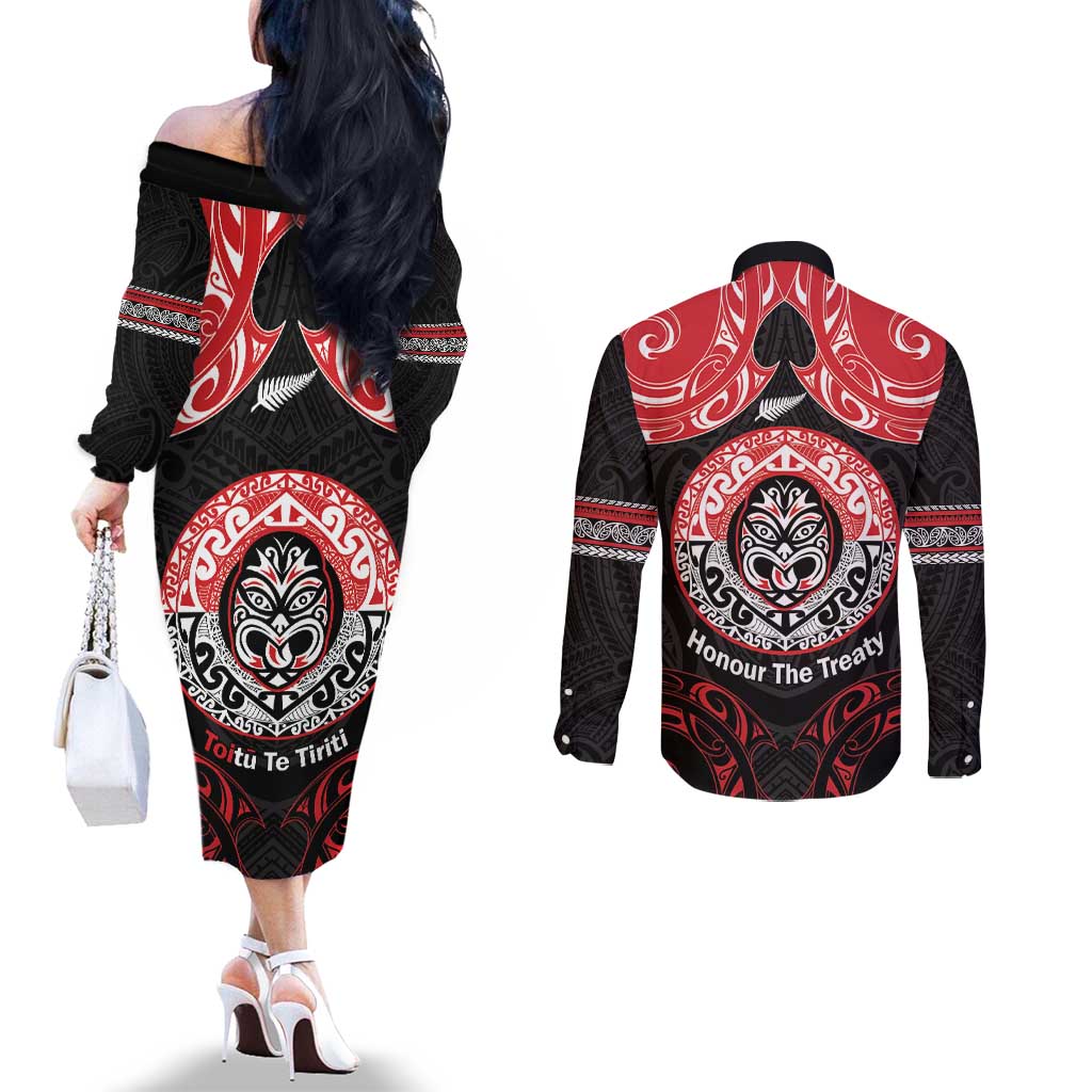 Aotearoa Toitu Te Tiriti Couples Matching Off The Shoulder Long Sleeve Dress and Long Sleeve Button Shirt Haka Tiki Honour The Treaty LT14 - Polynesian Pride
