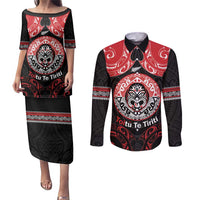 Aotearoa Toitu Te Tiriti Couples Matching Puletasi and Long Sleeve Button Shirt Haka Tiki Honour The Treaty LT14 Black - Polynesian Pride