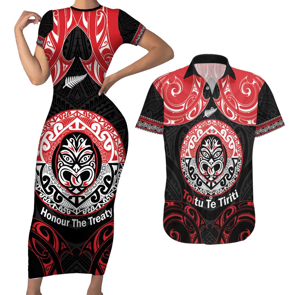 Aotearoa Toitu Te Tiriti Couples Matching Short Sleeve Bodycon Dress and Hawaiian Shirt Haka Tiki Honour The Treaty LT14 Black - Polynesian Pride