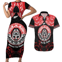 Aotearoa Toitu Te Tiriti Couples Matching Short Sleeve Bodycon Dress and Hawaiian Shirt Haka Tiki Honour The Treaty LT14 Black - Polynesian Pride