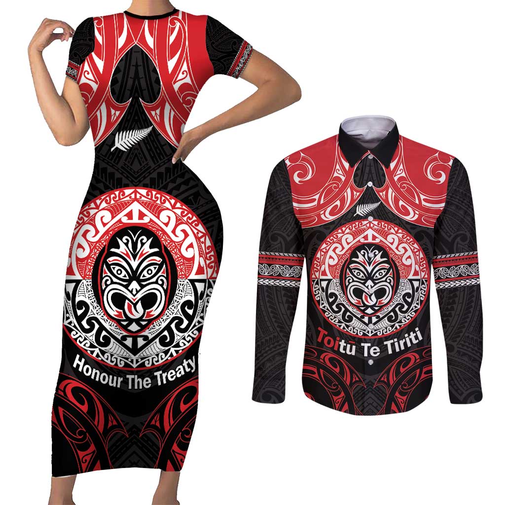 Aotearoa Toitu Te Tiriti Couples Matching Short Sleeve Bodycon Dress and Long Sleeve Button Shirt Haka Tiki Honour The Treaty LT14 Black - Polynesian Pride