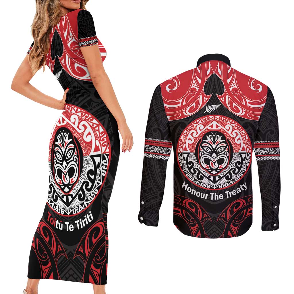 Aotearoa Toitu Te Tiriti Couples Matching Short Sleeve Bodycon Dress and Long Sleeve Button Shirt Haka Tiki Honour The Treaty LT14 - Polynesian Pride
