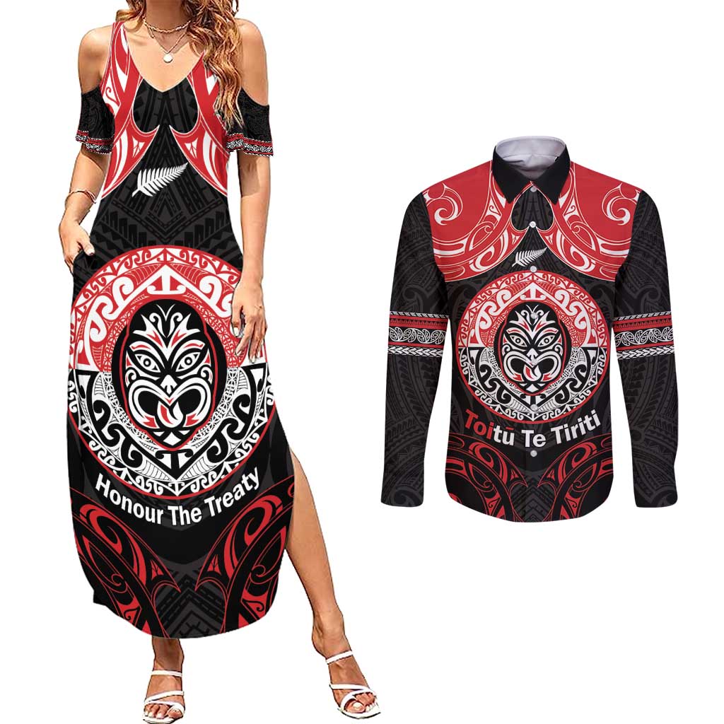 Aotearoa Toitu Te Tiriti Couples Matching Summer Maxi Dress and Long Sleeve Button Shirt Haka Tiki Honour The Treaty LT14 Black - Polynesian Pride
