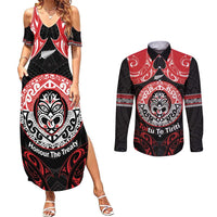 Aotearoa Toitu Te Tiriti Couples Matching Summer Maxi Dress and Long Sleeve Button Shirt Haka Tiki Honour The Treaty LT14 Black - Polynesian Pride