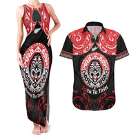Aotearoa Toitu Te Tiriti Couples Matching Tank Maxi Dress and Hawaiian Shirt Haka Tiki Honour The Treaty LT14 Black - Polynesian Pride
