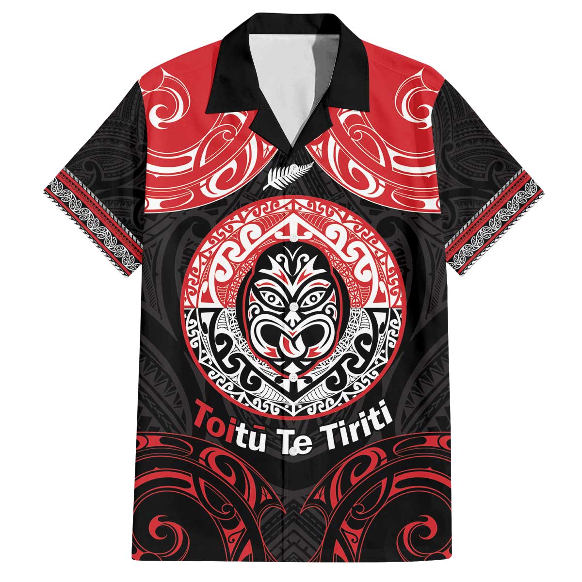 Aotearoa Toitu Te Tiriti Family Matching Off The Shoulder Long Sleeve Dress and Hawaiian Shirt Haka Tiki Honour The Treaty LT14 Dad's Shirt - Short Sleeve Black - Polynesian Pride