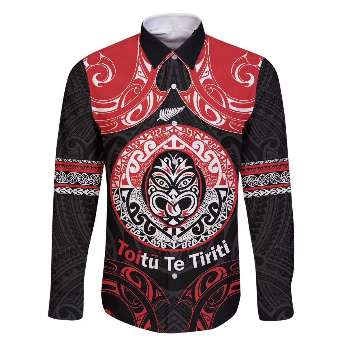 Aotearoa Toitu Te Tiriti Family Matching Off The Shoulder Long Sleeve Dress and Hawaiian Shirt Haka Tiki Honour The Treaty LT14 Dad's Shirt - Long Sleeve Black - Polynesian Pride