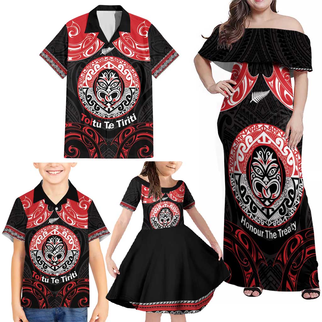 Aotearoa Toitu Te Tiriti Family Matching Off Shoulder Maxi Dress and Hawaiian Shirt Haka Tiki Honour The Treaty LT14 - Polynesian Pride