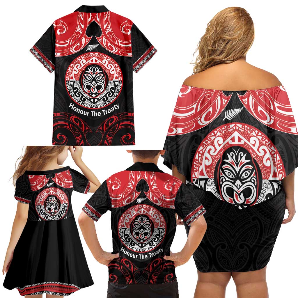 Aotearoa Toitu Te Tiriti Family Matching Off Shoulder Short Dress and Hawaiian Shirt Haka Tiki Honour The Treaty LT14 - Polynesian Pride