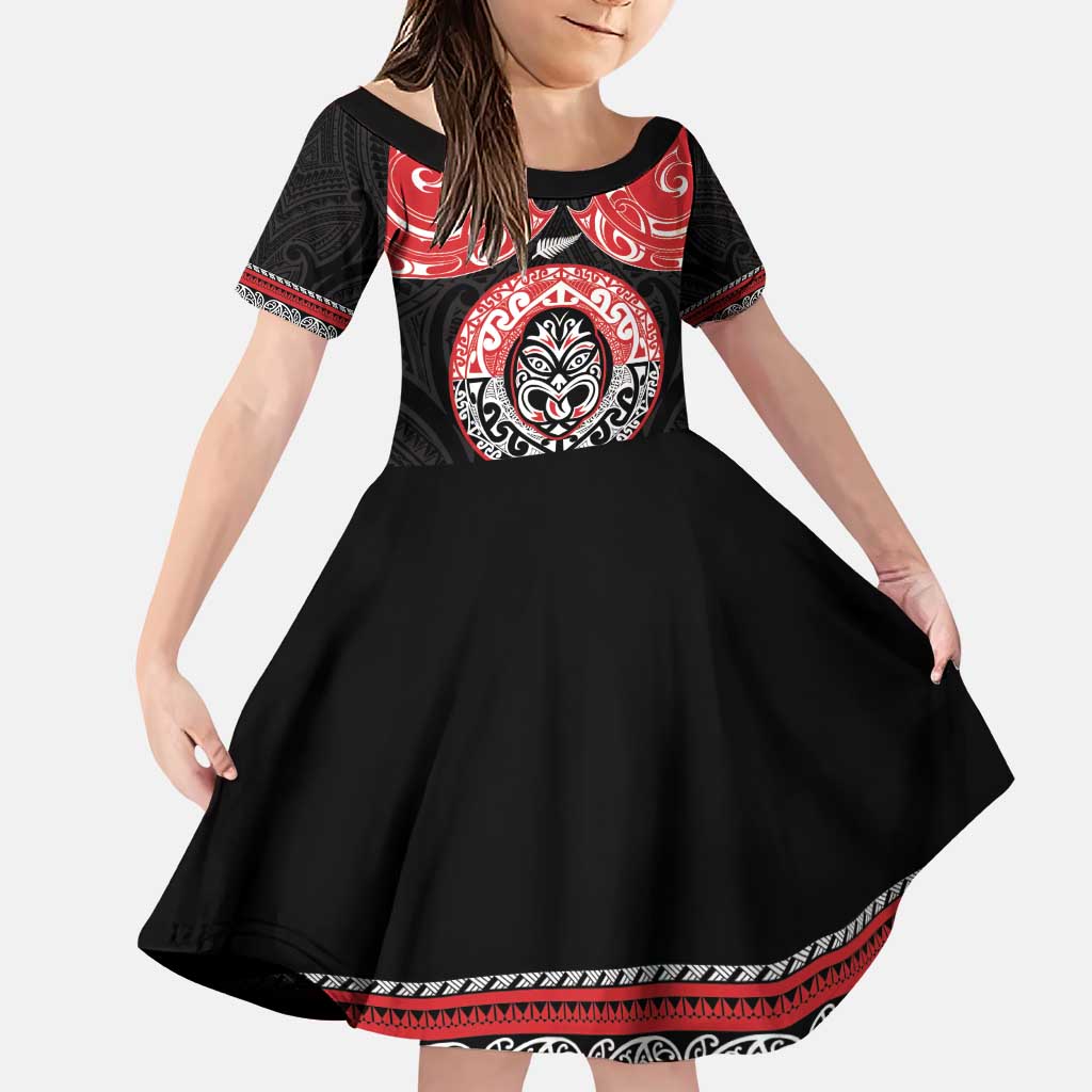Aotearoa Toitu Te Tiriti Family Matching Puletasi and Hawaiian Shirt Haka Tiki Honour The Treaty LT14 Daughter's Dress Black - Polynesian Pride
