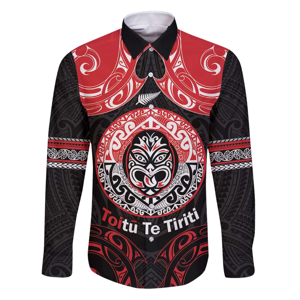 Aotearoa Toitu Te Tiriti Family Matching Puletasi and Hawaiian Shirt Haka Tiki Honour The Treaty LT14 Dad's Shirt - Long Sleeve Black - Polynesian Pride
