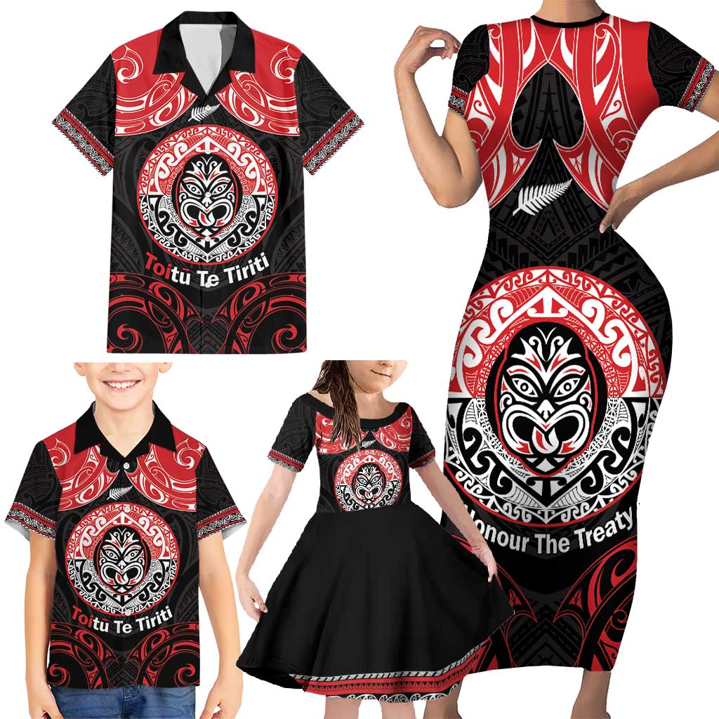Aotearoa Toitu Te Tiriti Family Matching Short Sleeve Bodycon Dress and Hawaiian Shirt Haka Tiki Honour The Treaty LT14 - Polynesian Pride