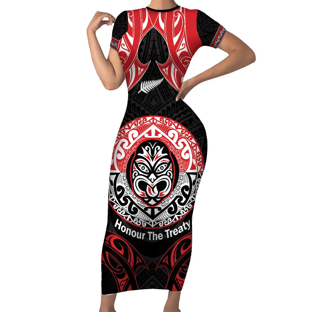 Aotearoa Toitu Te Tiriti Family Matching Short Sleeve Bodycon Dress and Hawaiian Shirt Haka Tiki Honour The Treaty LT14 Mom's Dress Black - Polynesian Pride