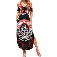 Aotearoa Toitu Te Tiriti Family Matching Summer Maxi Dress and Hawaiian Shirt Haka Tiki Honour The Treaty LT14 Mom's Dress Black - Polynesian Pride