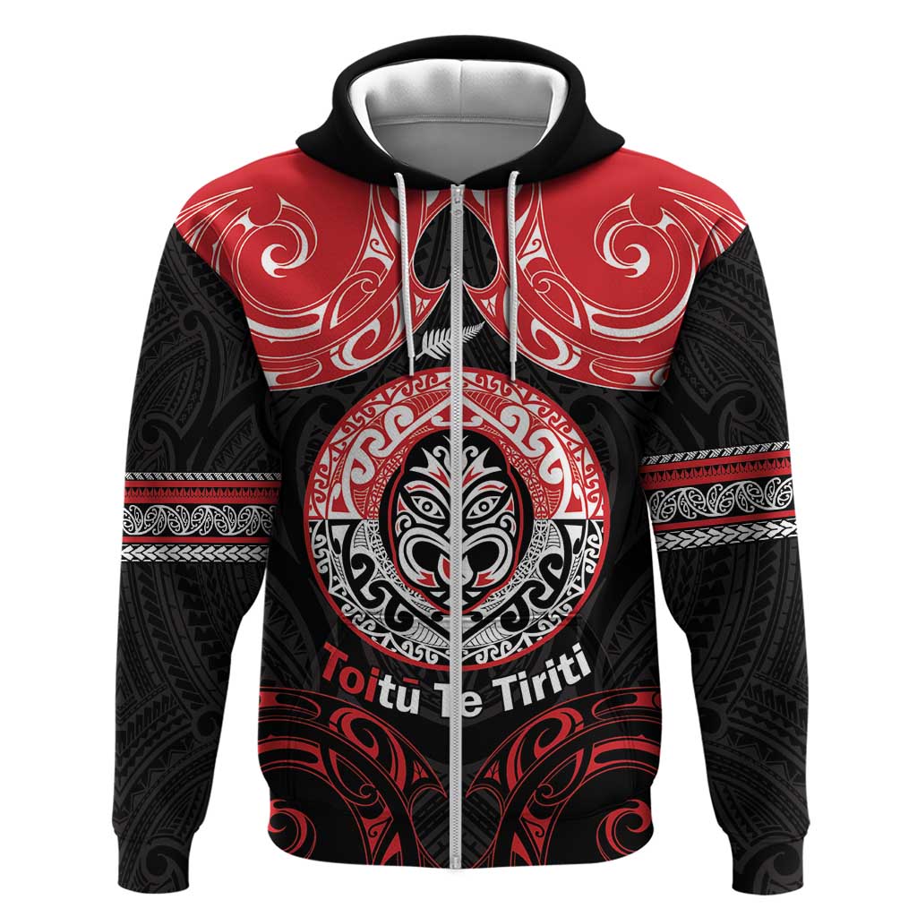 Aotearoa Toitu Te Tiriti Hoodie Haka Tiki Honour The Treaty LT14 Zip Hoodie Black - Polynesian Pride