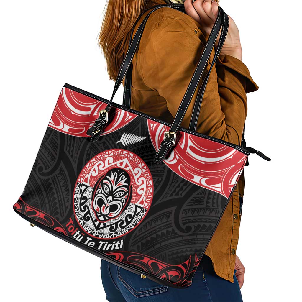 Aotearoa Toitu Te Tiriti Leather Tote Bag Haka Tiki Honour The Treaty LT14 - Polynesian Pride